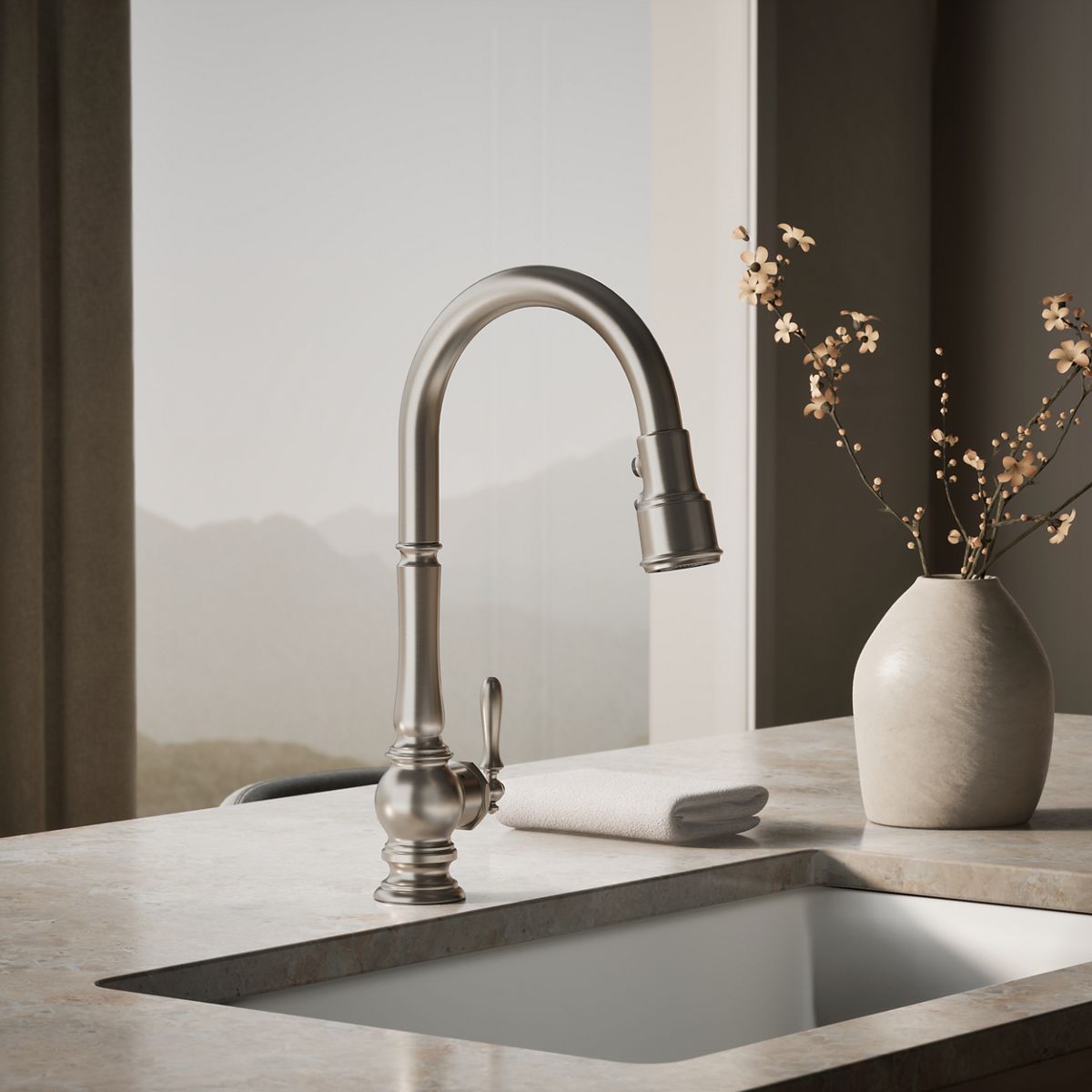 Artifacts® Touchless pull-down kitchen sink faucet with three-function sprayhead
