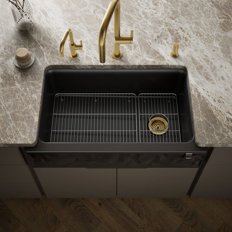 Cairn® 34" undermount single-bowl farmhouse kitchen sink with faceted design