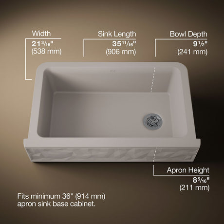 Cairn® 34" undermount single-bowl farmhouse kitchen sink with faceted design