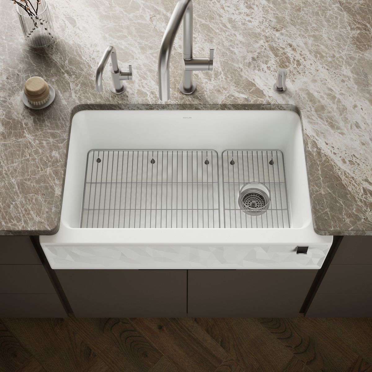 Cairn® 34" undermount single-bowl farmhouse kitchen sink with faceted design