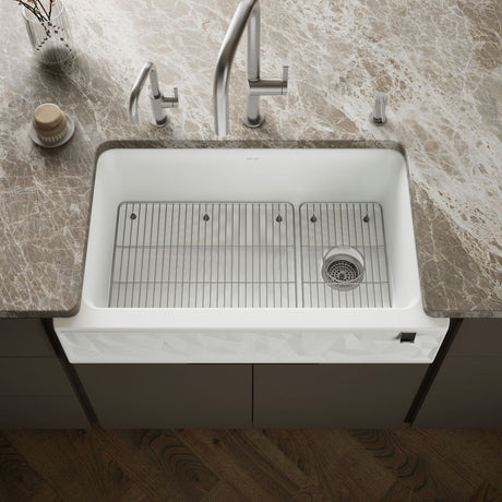 Cairn® 34" undermount single-bowl farmhouse kitchen sink with faceted design