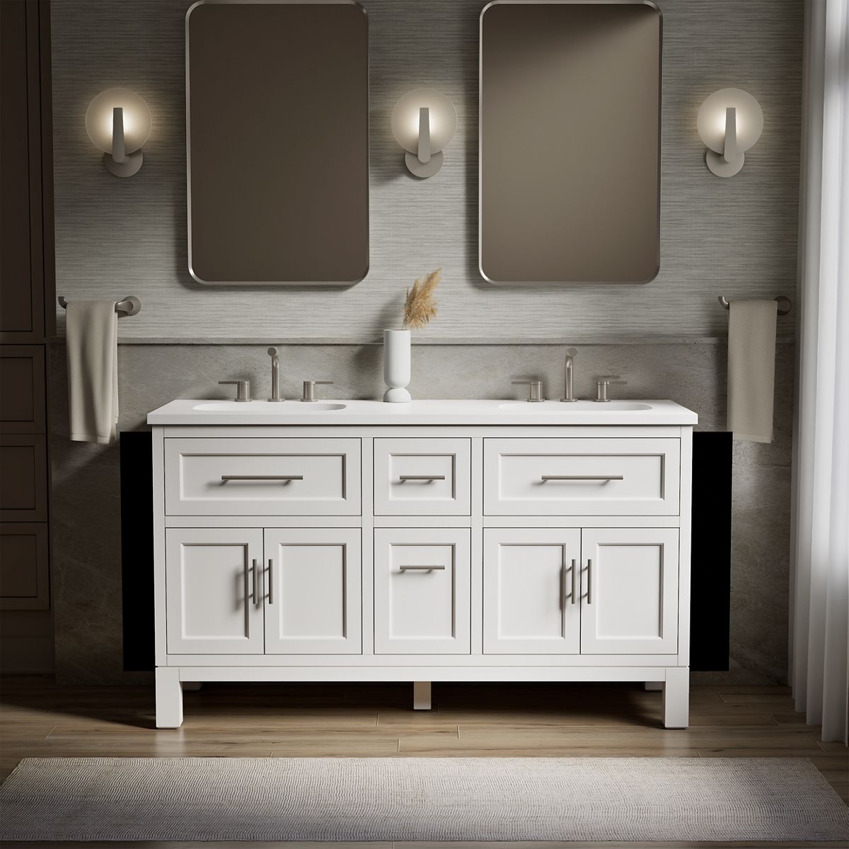 Quo® 60" bathroom vanity cabinet with sinks and quartz top