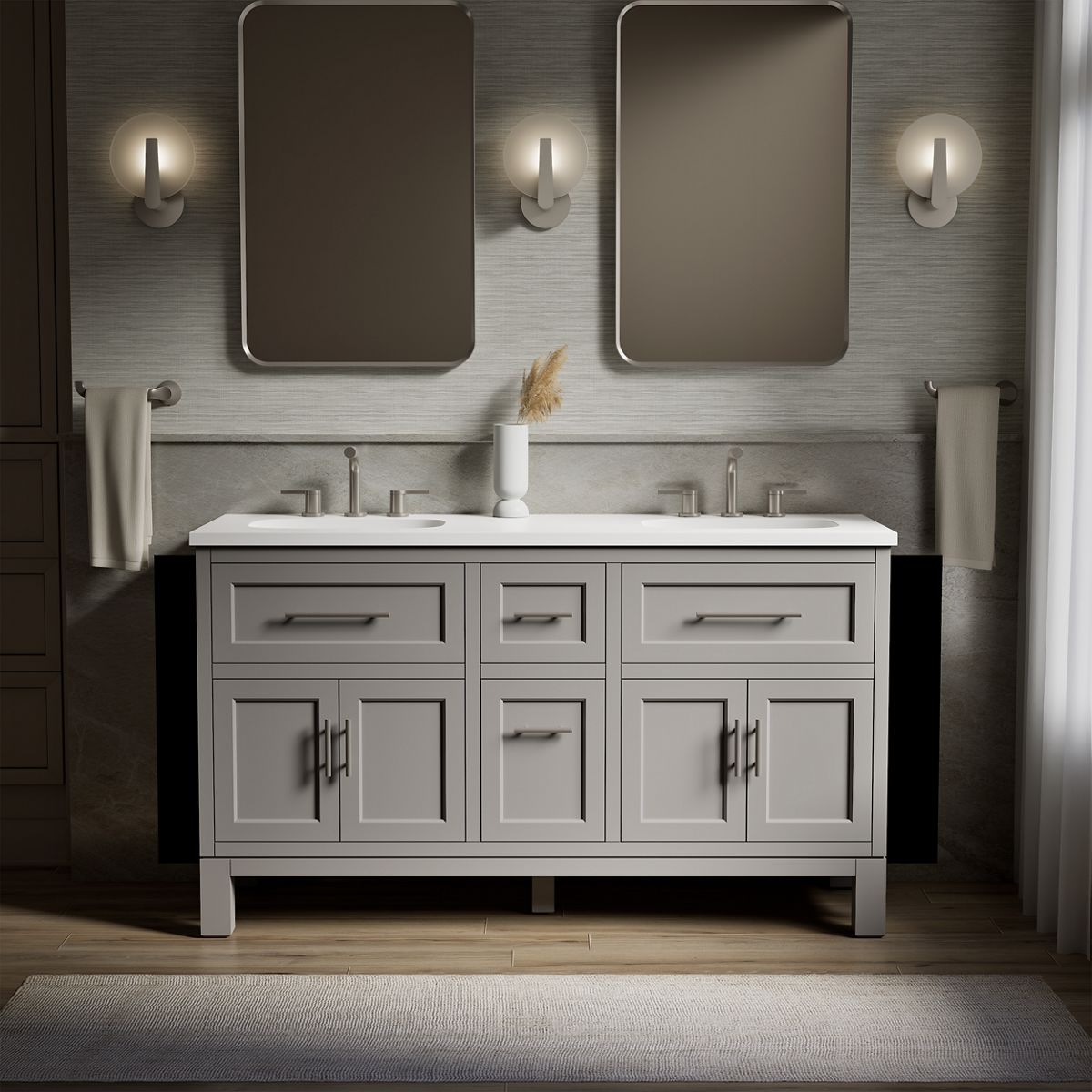 Quo® 60" bathroom vanity cabinet with sinks and quartz top