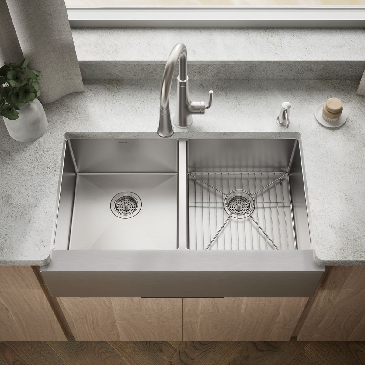 Strive® 35-1/2" undermount double-bowl farmhouse kitchen sink with accessories