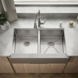 Strive® 35-1/2" undermount double-bowl farmhouse kitchen sink with accessories