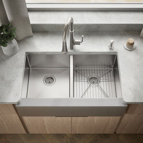 Strive® 35-1/2" undermount double-bowl farmhouse kitchen sink with accessories