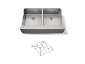 Strive® 35-1/2" undermount double-bowl farmhouse kitchen sink with accessories