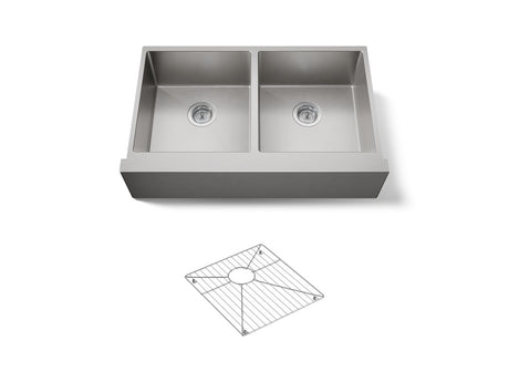 Strive® 35-1/2" undermount double-bowl farmhouse kitchen sink with accessories