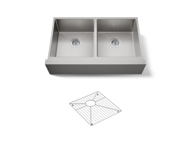 Strive® 35-1/2" undermount double-bowl farmhouse kitchen sink with accessories