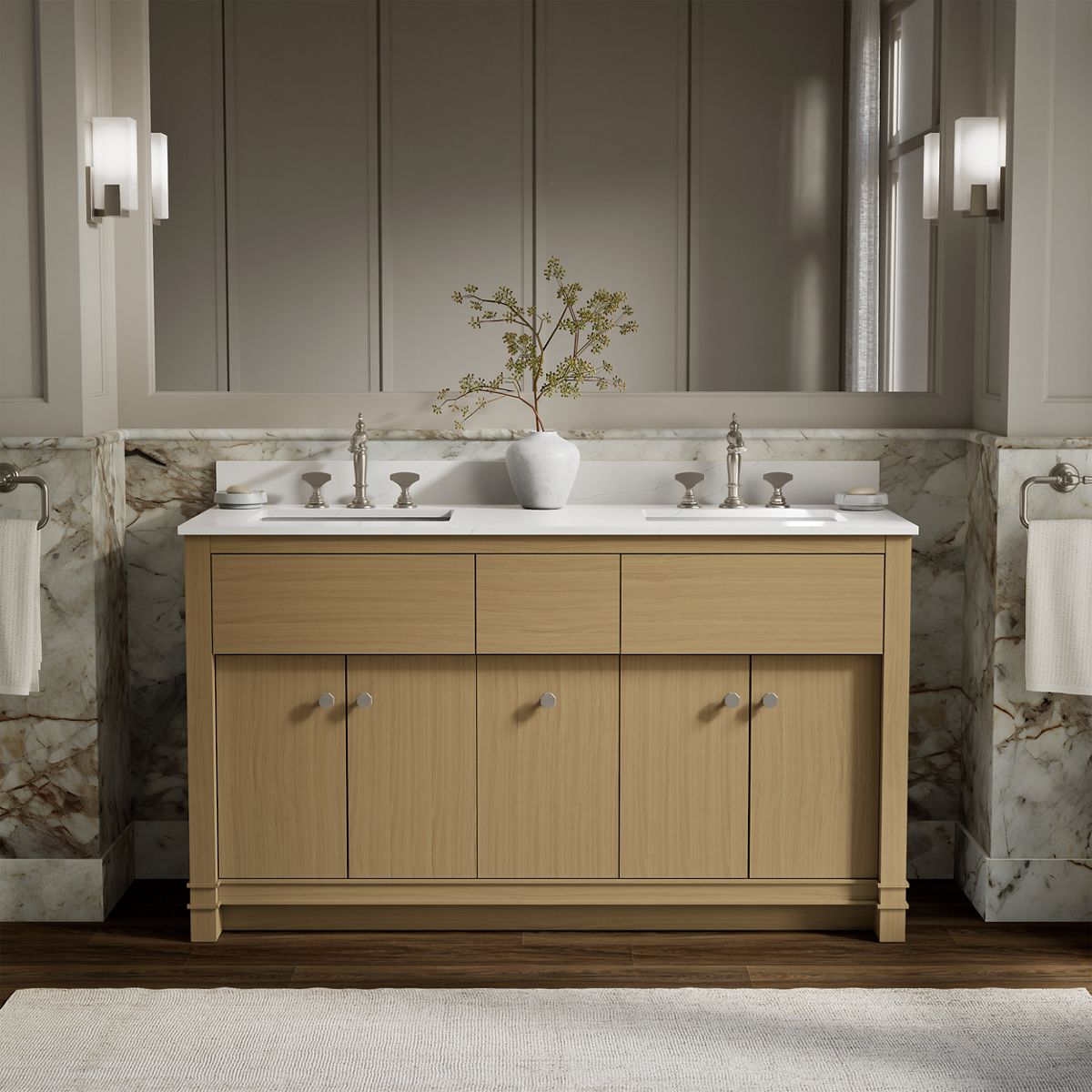 Alouette™ 60" bathroom vanity cabinet with sinks and quartz top