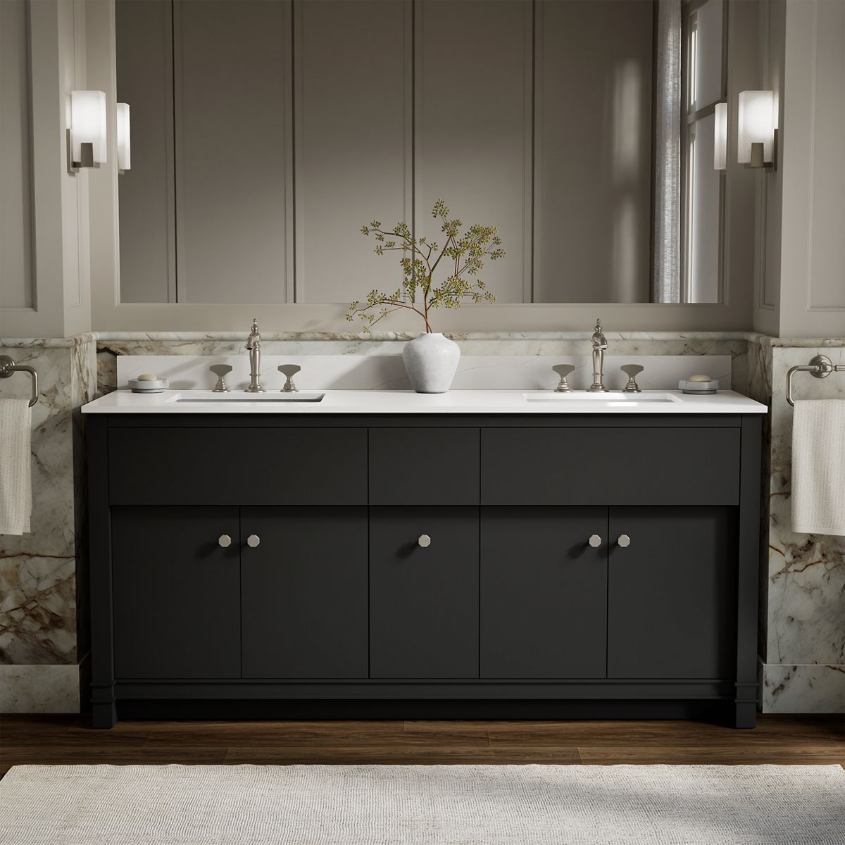 Alouette™ 72" bathroom vanity cabinet with sinks and quartz top