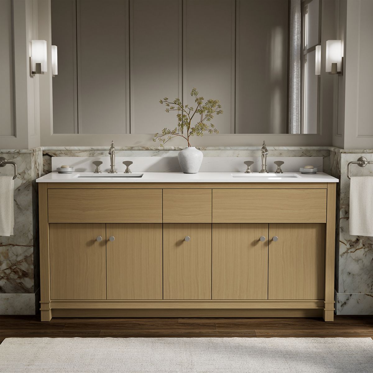 Alouette™ 72" bathroom vanity cabinet with sinks and quartz top