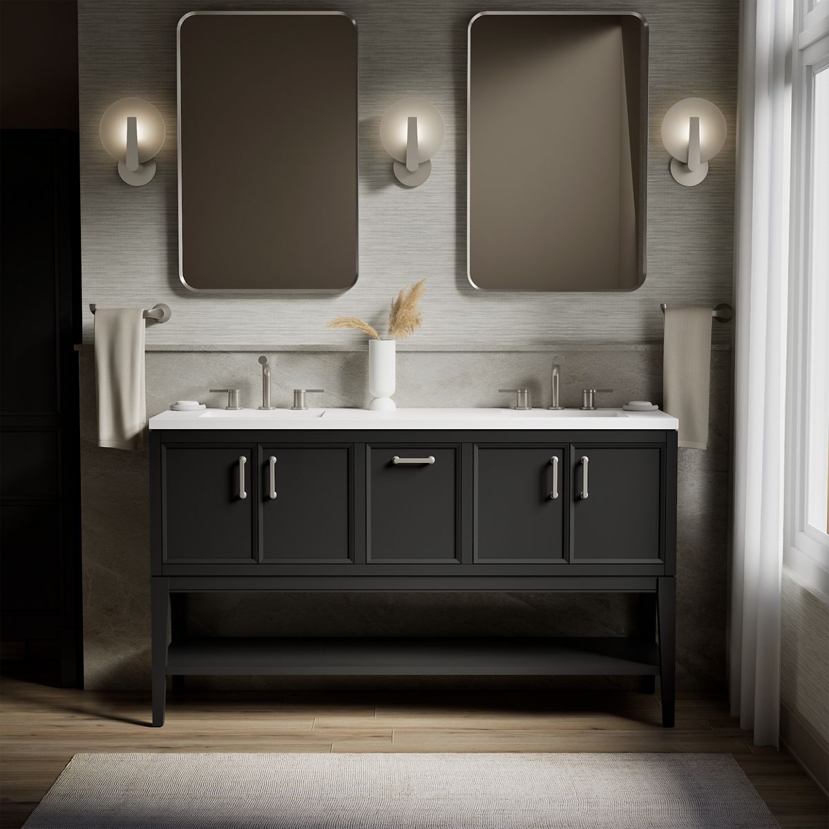 Winnow® 60" bathroom vanity cabinet with sinks and quartz top