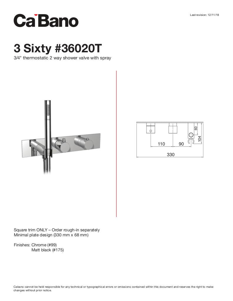 3/4" thermostatic 2-way shower valve with hand shower - TRIM ONLY