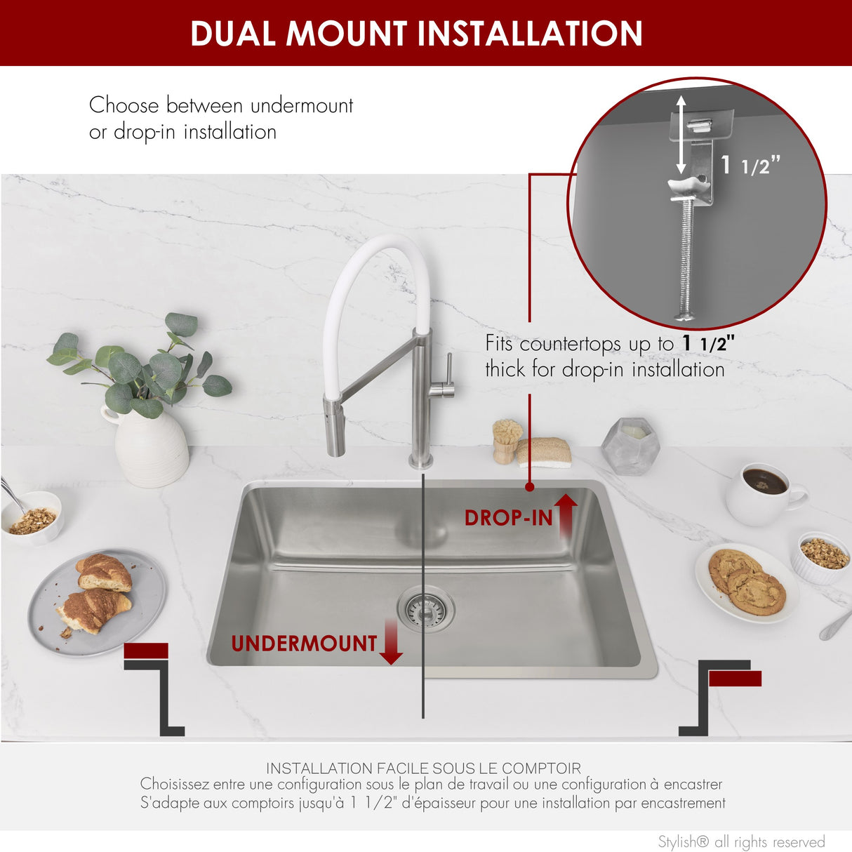 27 in Dual Mount Single Bowl Kitchen Sink, 18 Gauge Stainless Steel with Standard Strainer, by Stylish® S-406T Olite