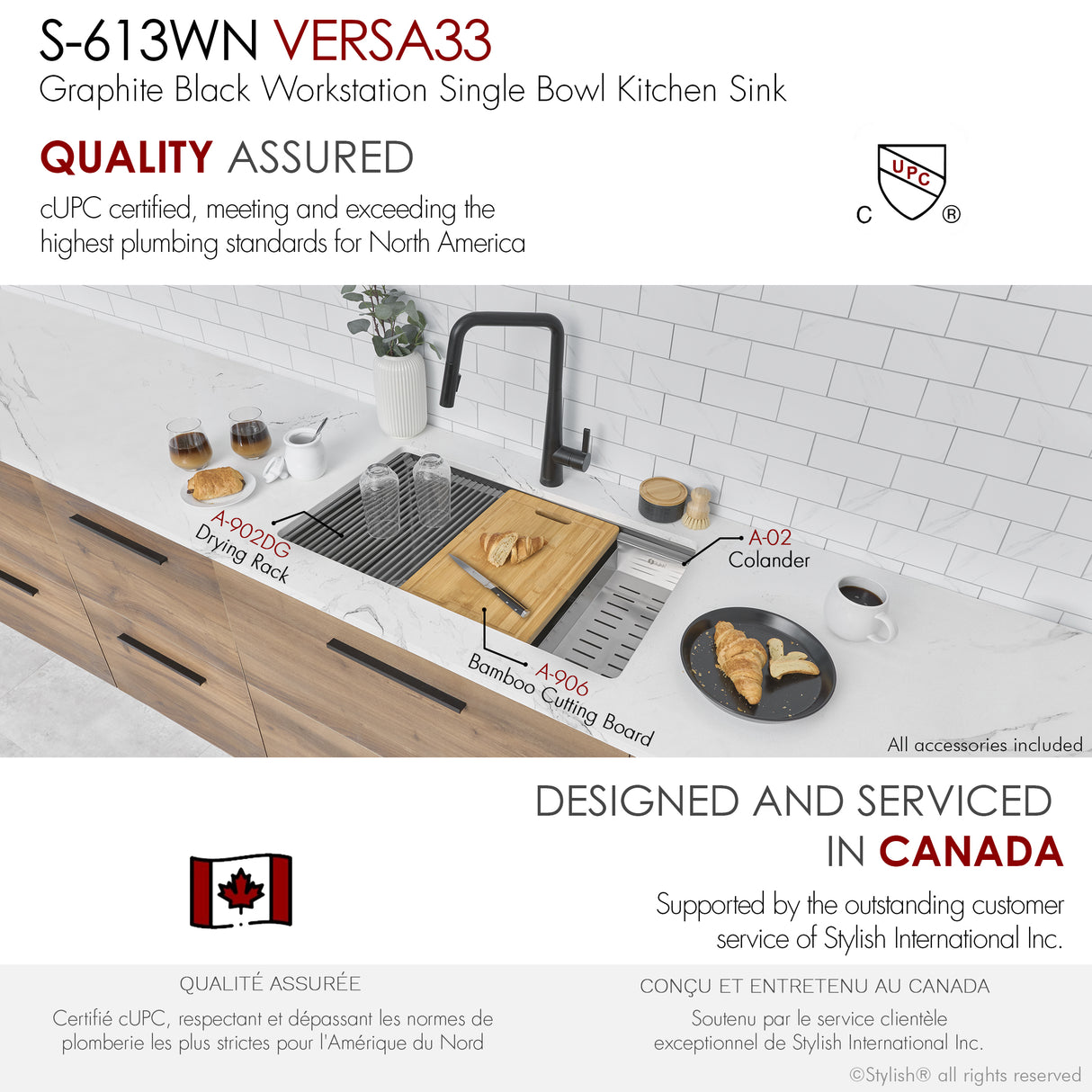 STYLISH 33 inch Workstation Single Bowl Undermount 16 Gauge Stainless Steel Kitchen Sink with Built in Accessories