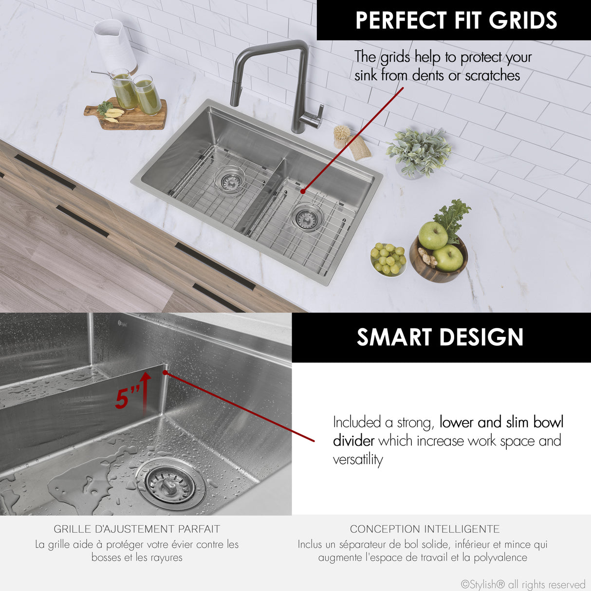 STYLISH 30 inch Workstation Double Bowl Undermount and Drop-in 16 Gauge Stainless Steel Kitchen Sink with Built in Accessories