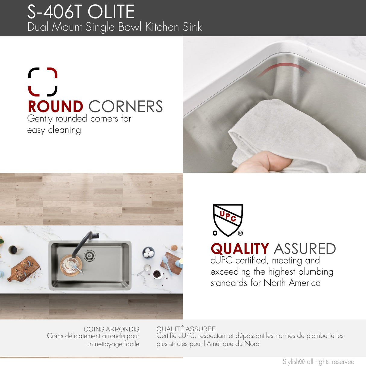 27 in Dual Mount Single Bowl Kitchen Sink, 18 Gauge Stainless Steel with Standard Strainer, by Stylish® S-406T Olite