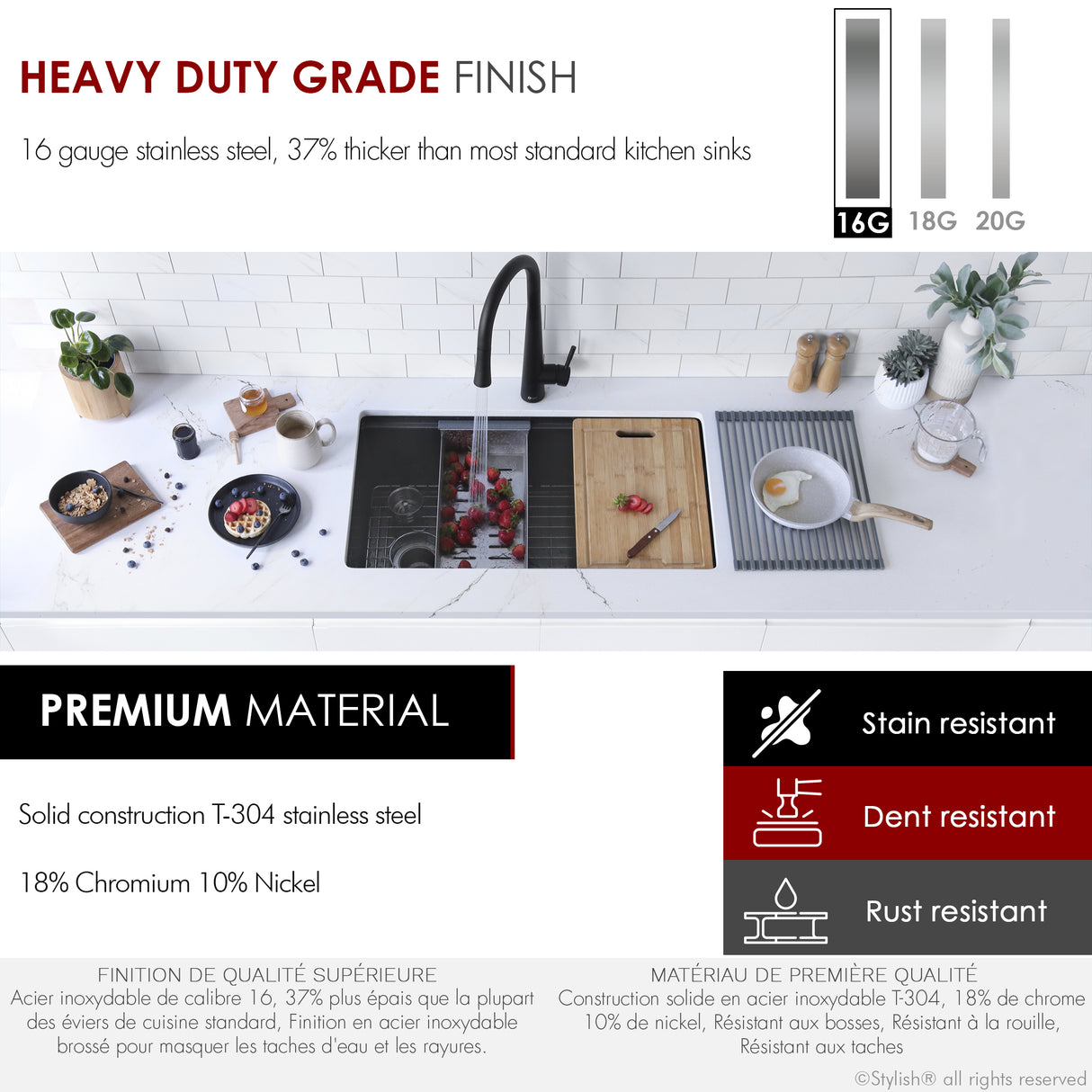 STYLISH 33 inch Workstation Single Bowl Undermount 16 Gauge Stainless Steel Kitchen Sink with Built in Accessories