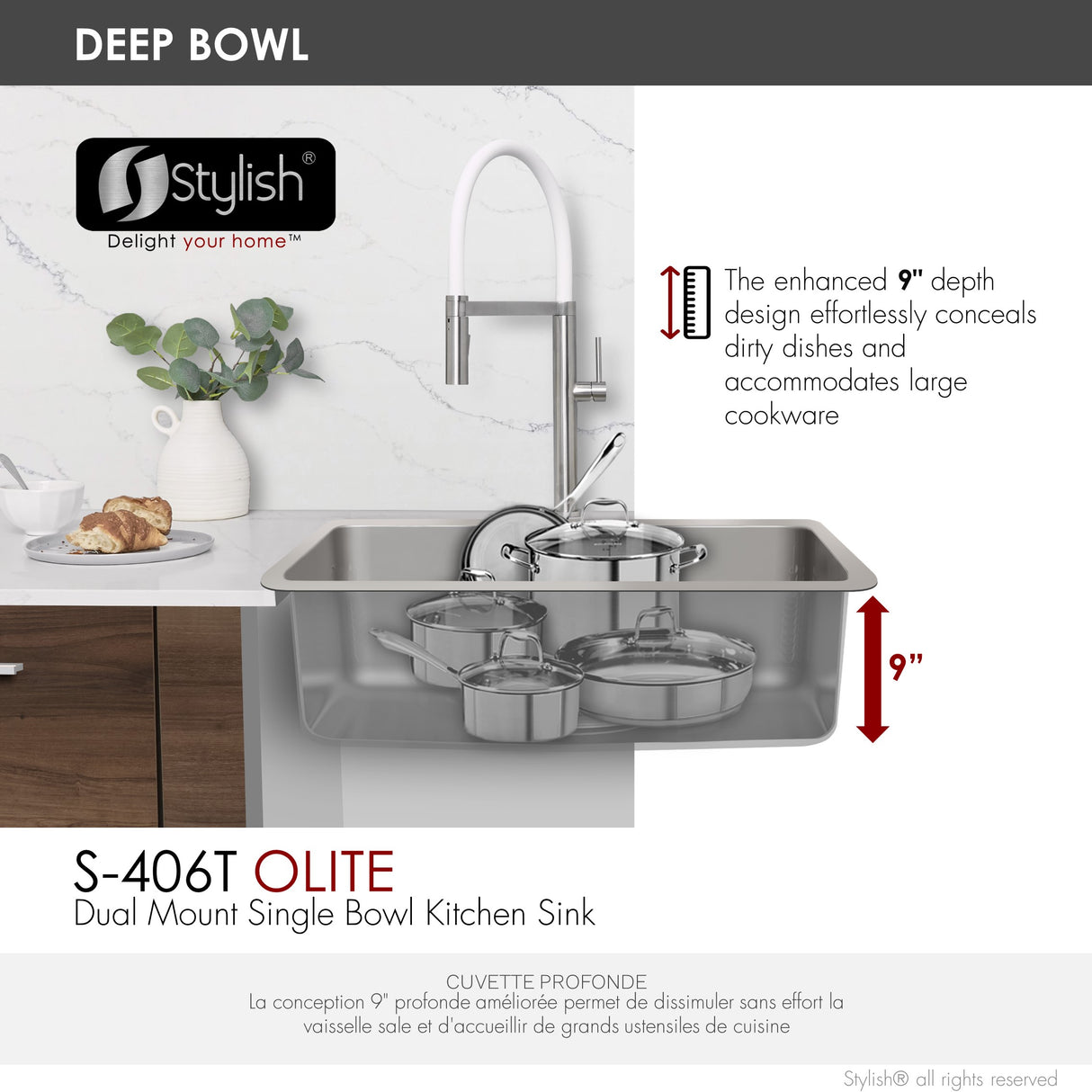 27 in Dual Mount Single Bowl Kitchen Sink, 18 Gauge Stainless Steel with Standard Strainer, by Stylish® S-406T Olite