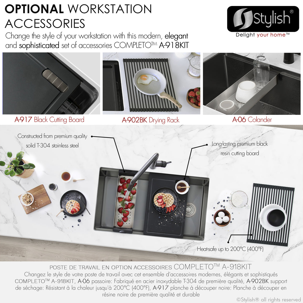 STYLISH 33 inch Workstation Single Bowl Undermount 16 Gauge Stainless Steel Kitchen Sink with Built in Accessories