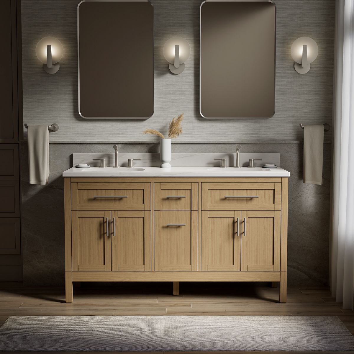 Hadron™ 60" bathroom vanity cabinet with sinks and quartz top