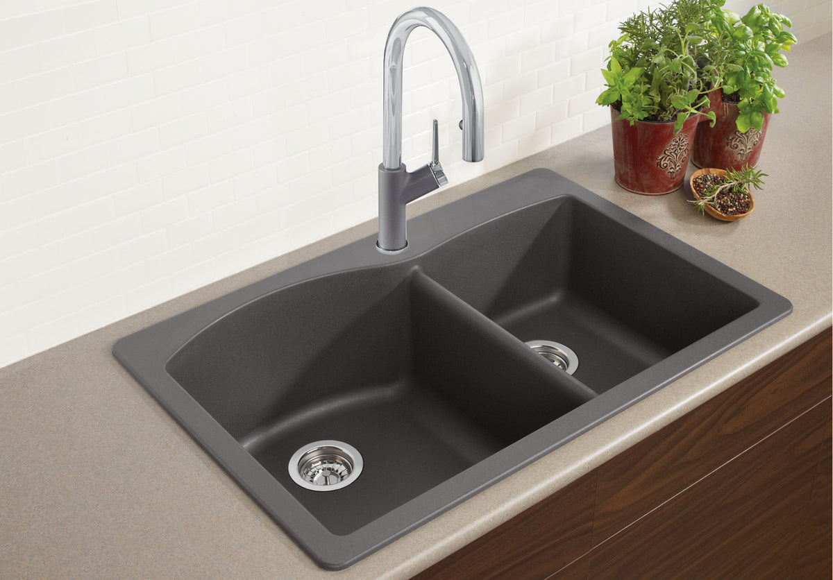 Blanco Diamond 1 3/4 double basin sink installed in a modern kitchen—Volcano Gray finish