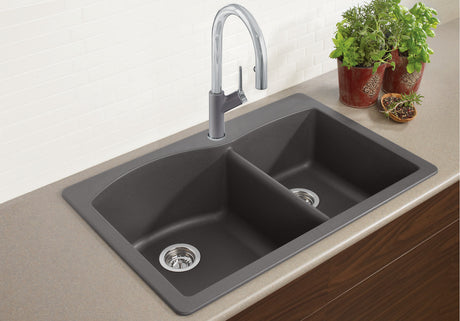 Blanco Diamond 1 3/4 double basin sink installed in a modern kitchen—Volcano Gray finish