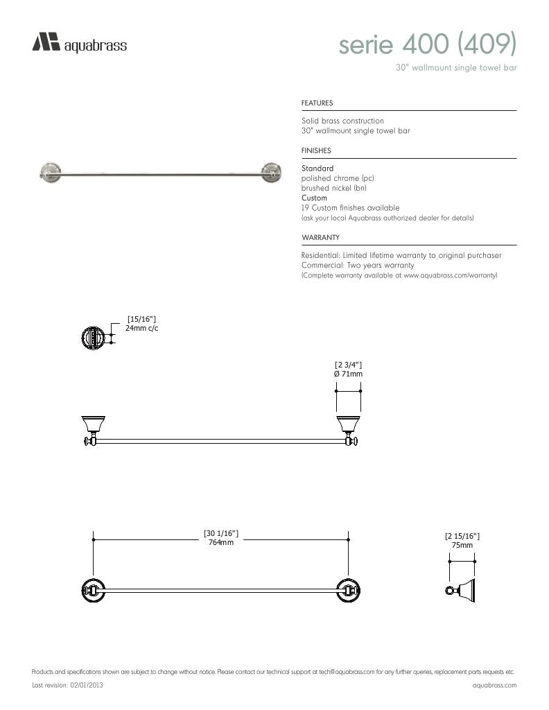 30" wallmount single towel bar