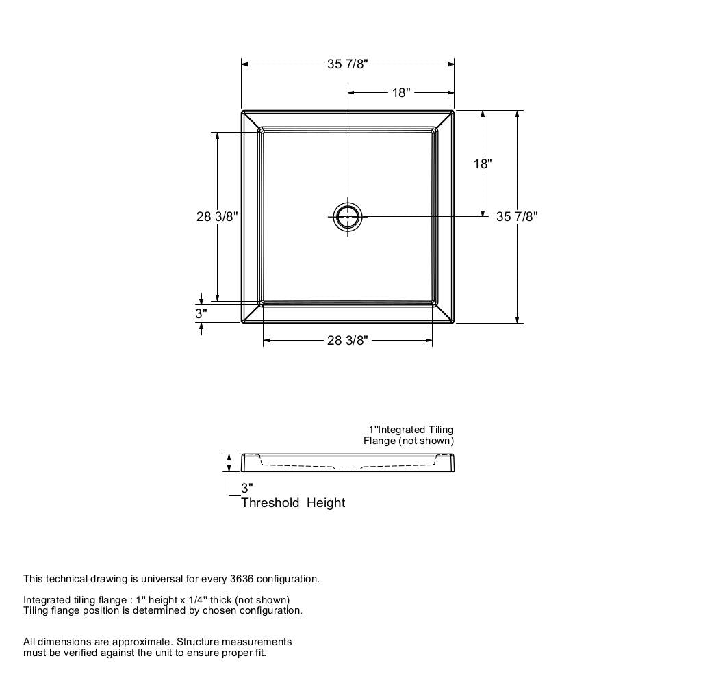 B3Round 3636 Acrylic Corner Left or Right Shower Base in White with Center Drain