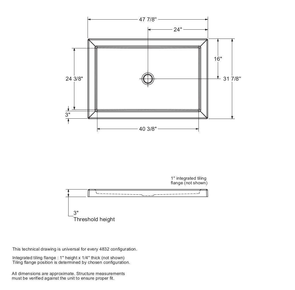 B3Round 4832 Acrylic Alcove Shower Base in White with Center Drain