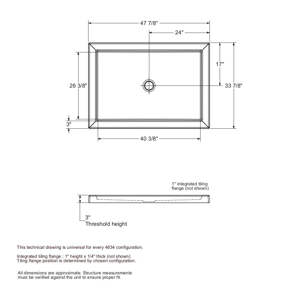 B3Round 4834 Acrylic Alcove Shower Base in White with Center Drain