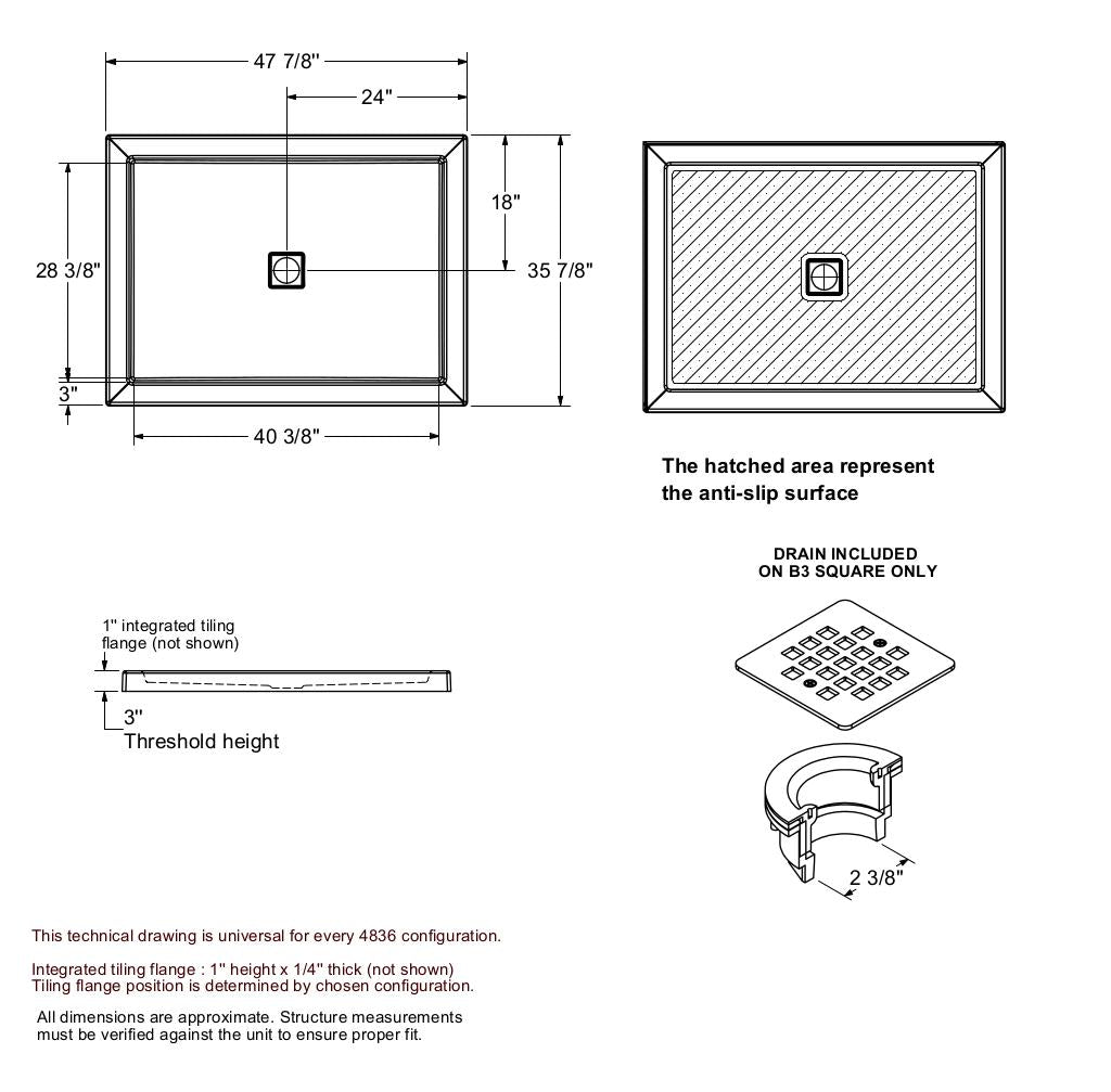 B3Round 4836 Acrylic Alcove Shower Base in White with Center Drain