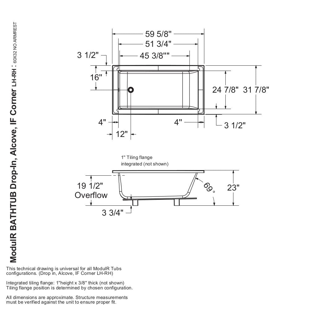 ModulR 6032 IF (Without Armrests) Acrylic Alcove Left-Hand Drain Bathtub in White