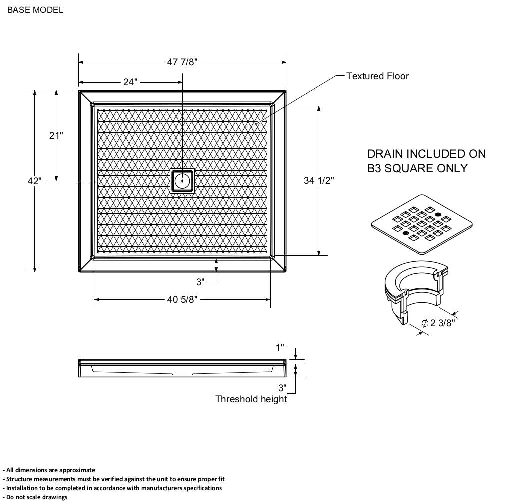 B3Round 4842 Acrylic Alcove Shower Base in White with Anti-slip Bottom with Center Drain