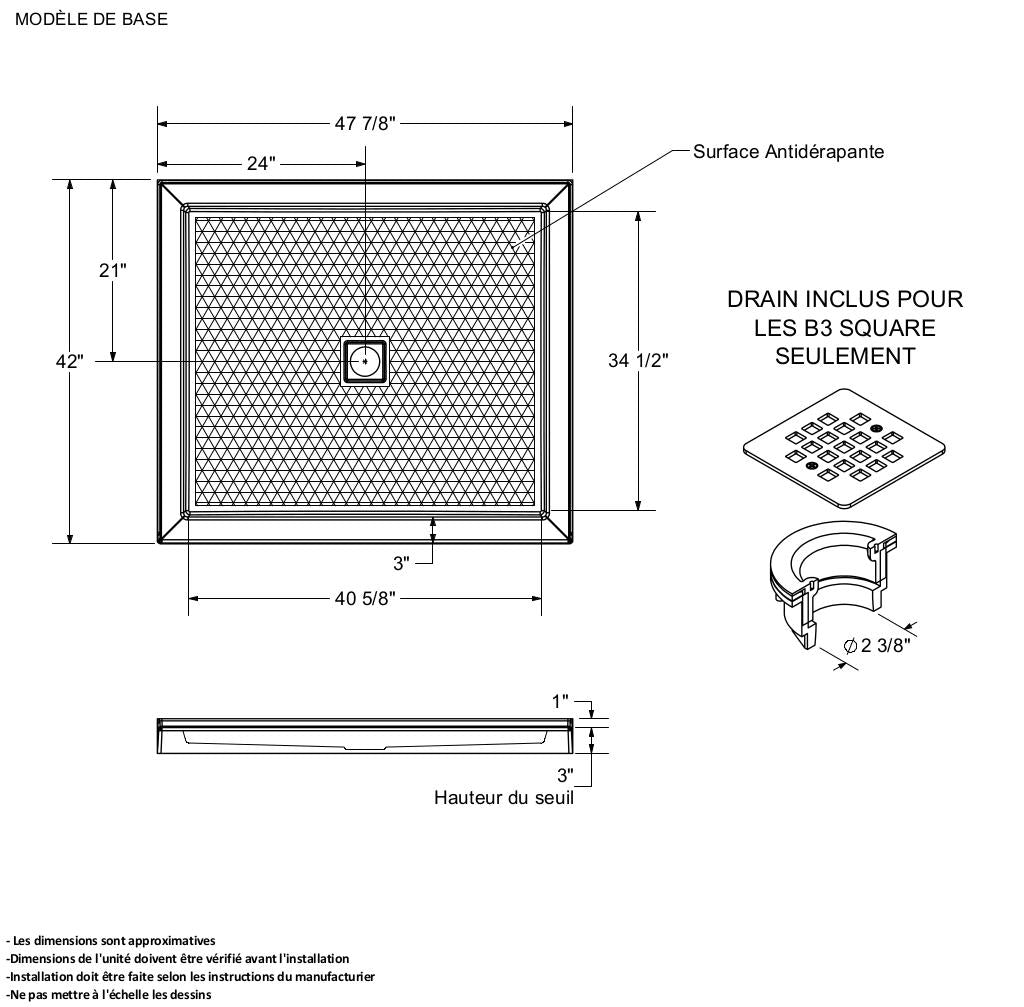 B3Round 4842 Acrylic Alcove Shower Base in White with Anti-slip Bottom with Center Drain
