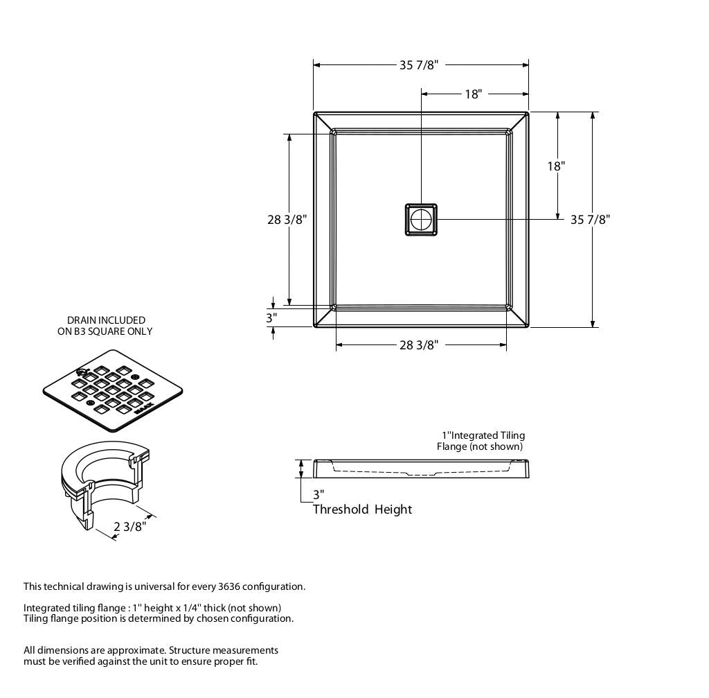 B3Square 3636 Acrylic Corner Left or Right Shower Base in White with Center Drain