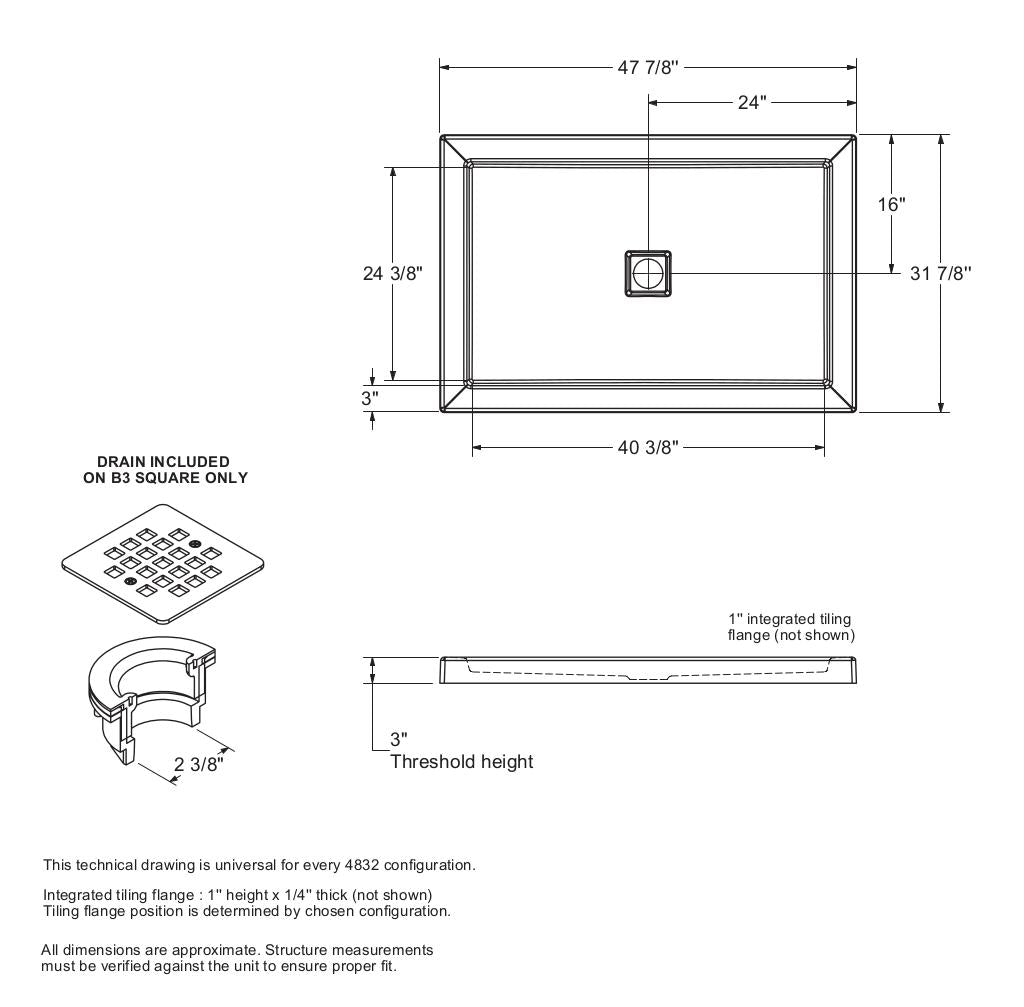 B3Square 4832 Acrylic Alcove Shower Base in White with Center Drain