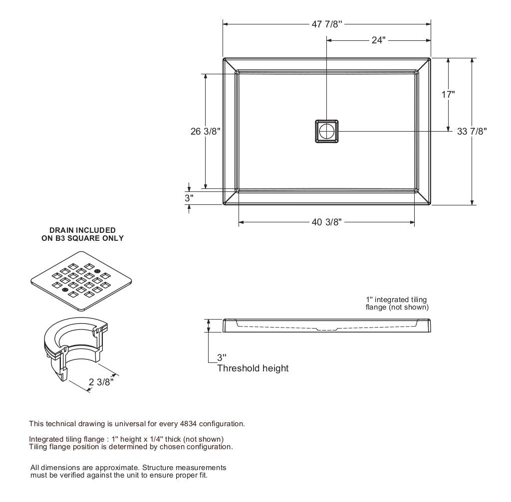 B3Square 4834 Acrylic Alcove Shower Base in White with Center Drain