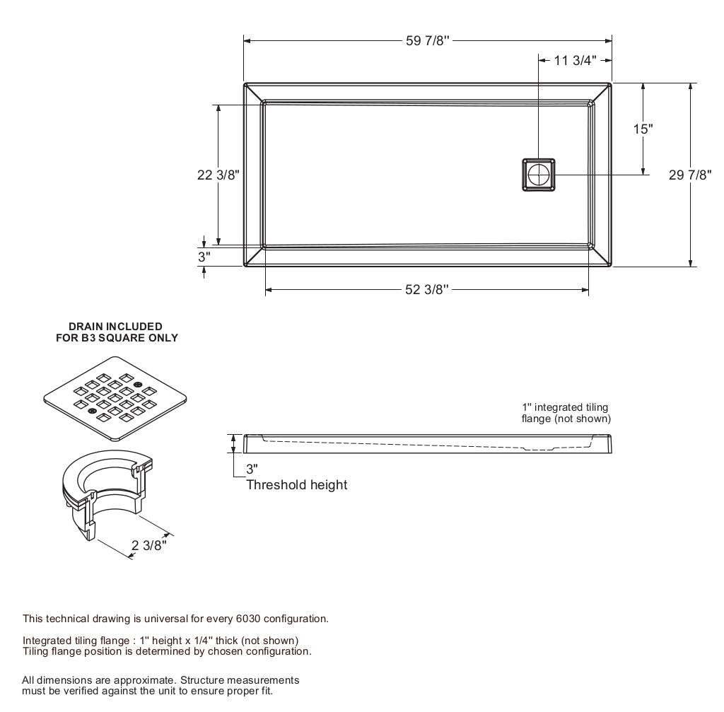 B3Square 6030 Acrylic Alcove Shower Base in White with Left-Hand Drain