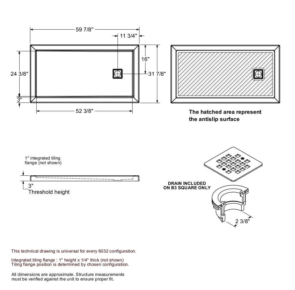 B3Square 6032 Acrylic Alcove Shower Base in White with Left-Hand Drain