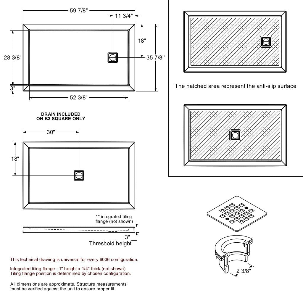 B3Square 6036 Acrylic Alcove Shower Base in White with Left-Hand Drain