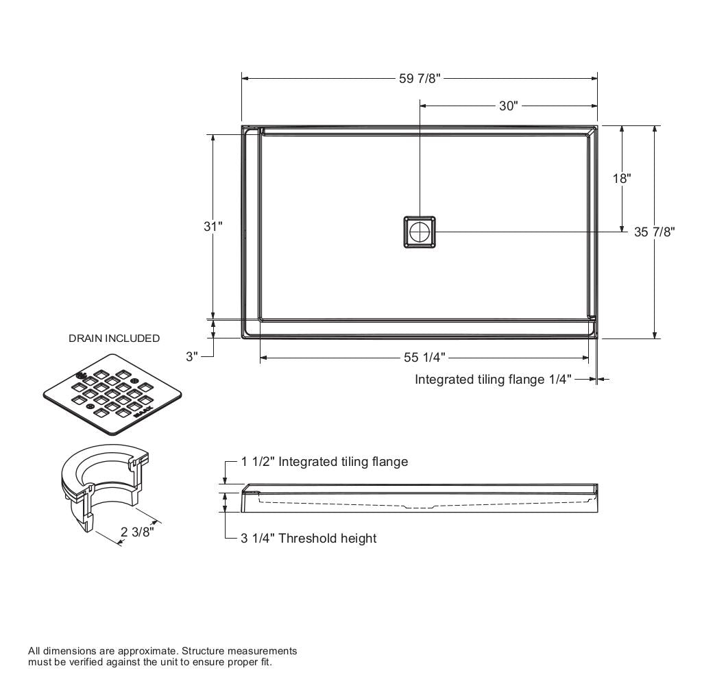 B3X 6036 Acrylic Corner Right Shower Base with Center Drain in White