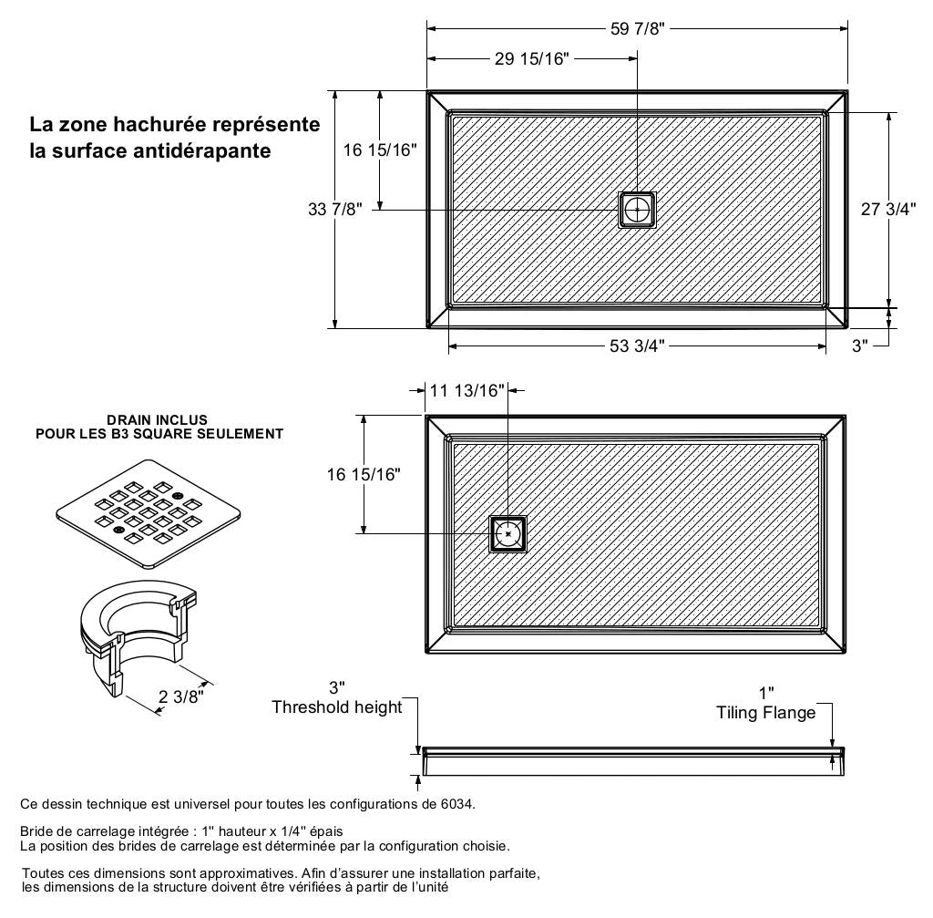 B3Square 6034 Acrylic Alcove Shower Base in White with Left-Hand Drain