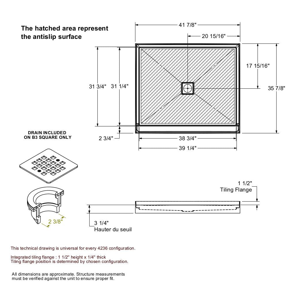 B3X 4236 Acrylic Alcove Shower Base with Center Drain in White