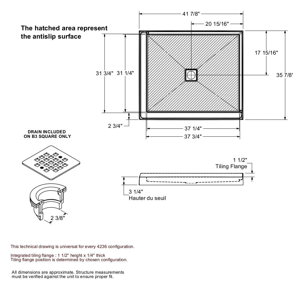 B3X 4236 Acrylic Corner Right Shower Base with Center Drain in White