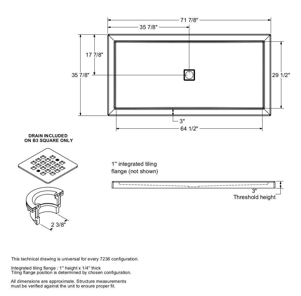 B3Square 7236 Acrylic Alcove Shower Base in White with Center Drain