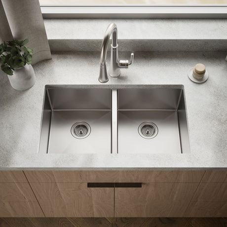 Strive® 32" undermount double-bowl kitchen sink with accessories