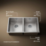 Strive® 32" undermount double-bowl kitchen sink with accessories
