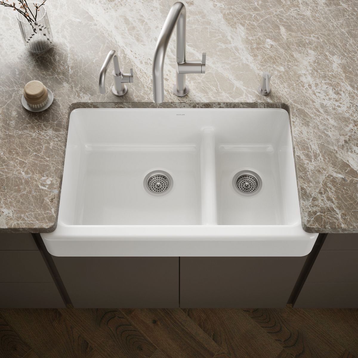 Whitehaven® Smart Divide® 35-1/2" undermount double-bowl farmhouse kitchen sink with short apron